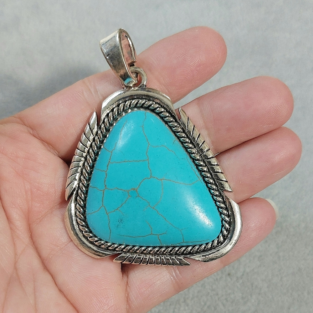 Southwestern Inspired Silver Necklace Pendant With Blue Accent - Womens Jewelry